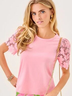 Lilly Pulitzer Conch Shell Pink Sebene Lace Sleeve Knit Top